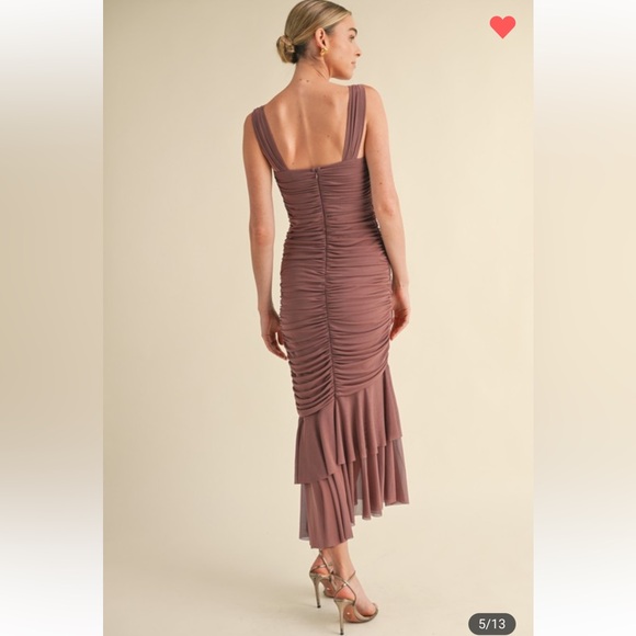 #155 RUCHED SOLID MESH FISH TAIL MIDI DRESS - Picture 5 of 7